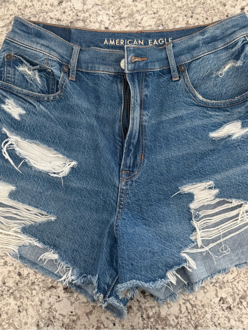 American Eagle Light Blue Denim Shorts with Tan Stitching